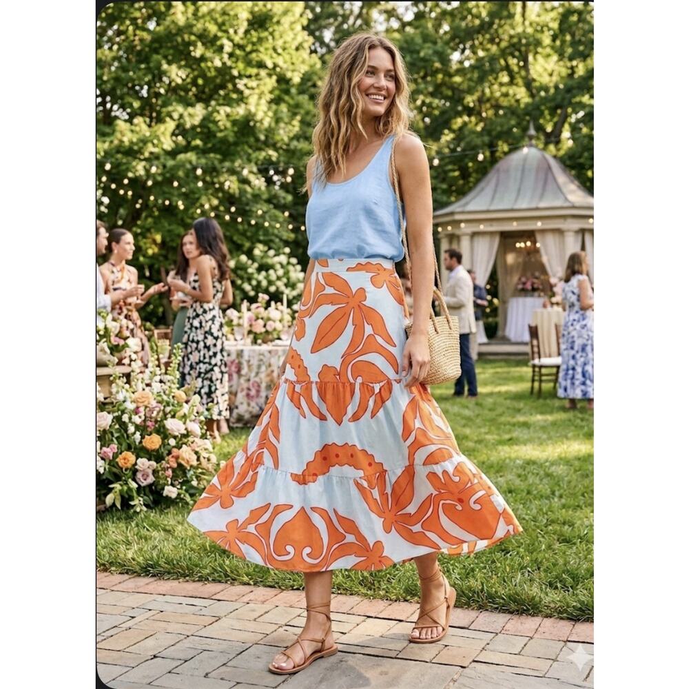 Maude Vivante Tiered Maxi Skirt Orange Lt Blue Tropical Resort Coastal Pockets L